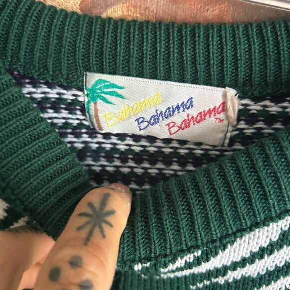 Vintage Men's Geometric Pattern Crewneck Sweater - Green and White - L - Picture 7 of 16